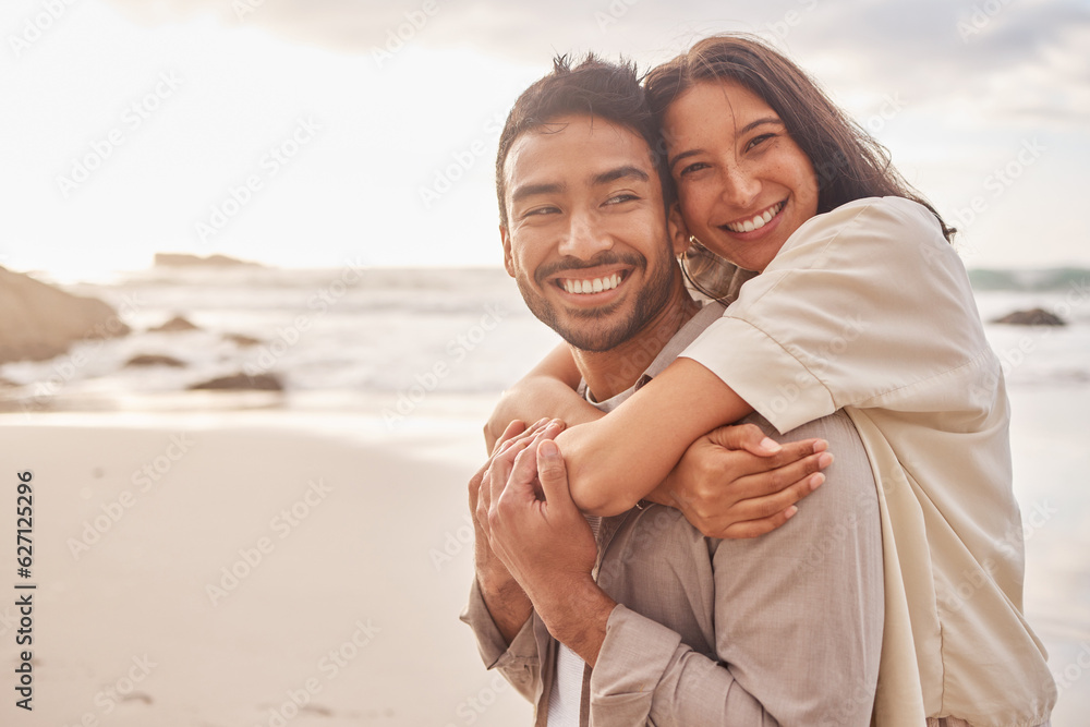 Love, portrait of couple and on the beach happy together with a lens flare. Care or support, summer 