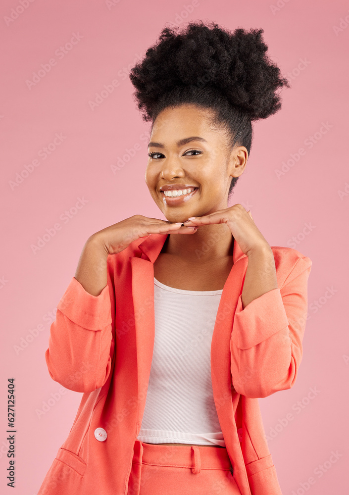 Portrait, fashion and beauty with an afro woman in studio isolated on pink background for trendy sty