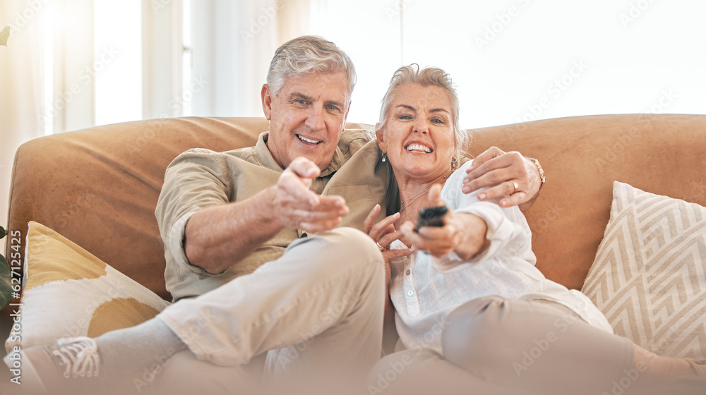 Happy senior couple, watching tv and sofa in relax for streaming, movie or series in living room at 