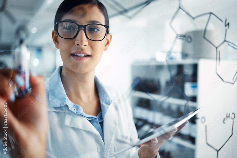 Woman, scientist and glass board, equation and formula with problem solving and scientific study in 