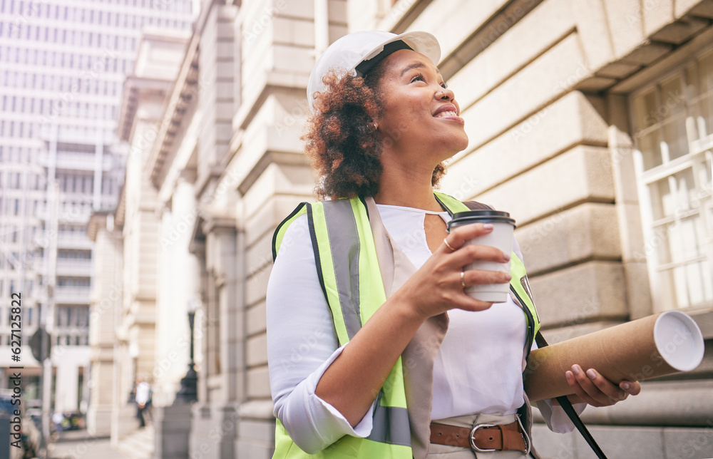 Inspection, city and construction with woman for plan or design of buildings site with coffee. Contr