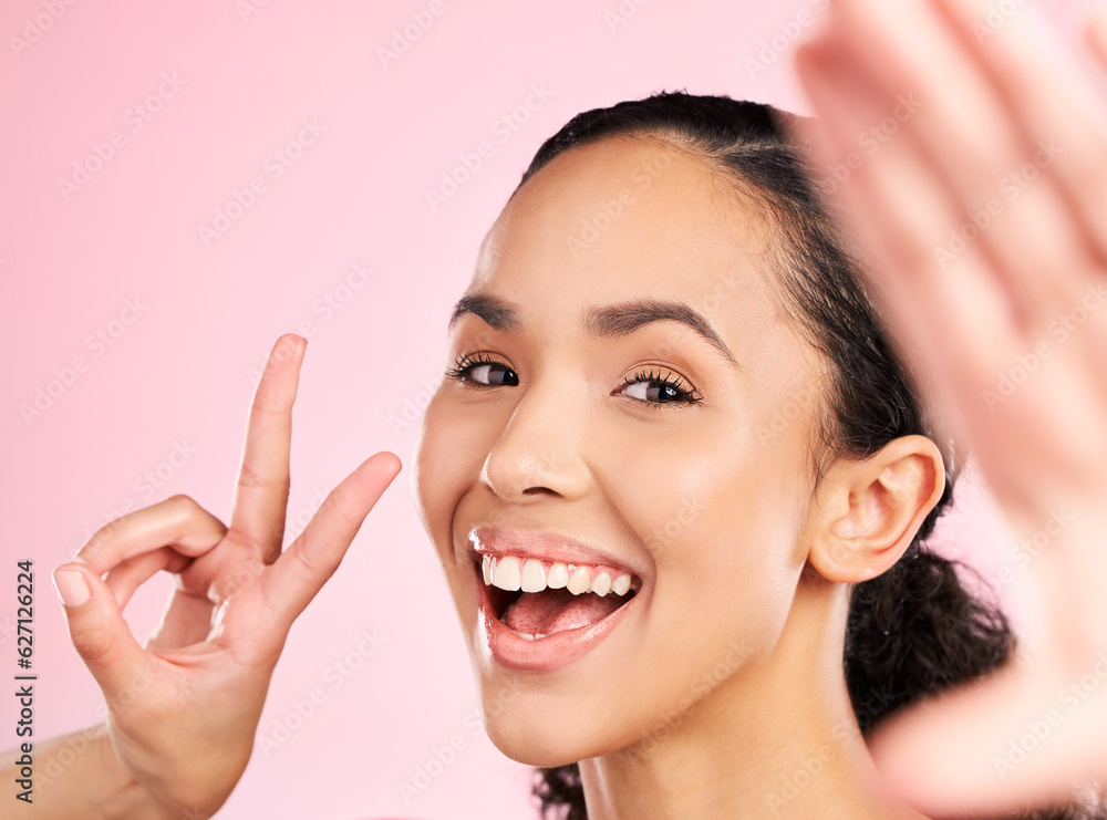 Selfie, peace sign and happy woman in studio with natural beauty, wellness and cosmetics. Portrait, 