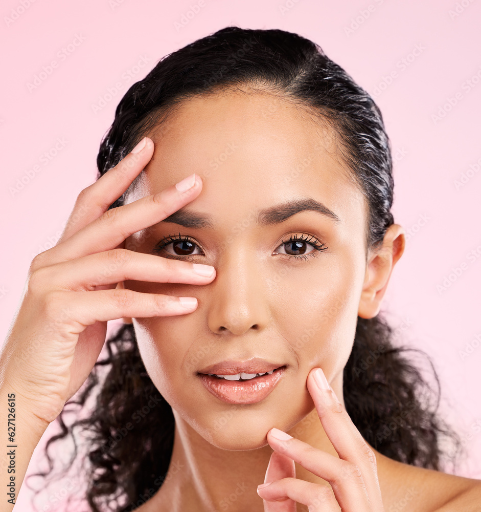 Skincare, beauty and portrait of woman with hands in studio for wellness, facial treatment and cosme