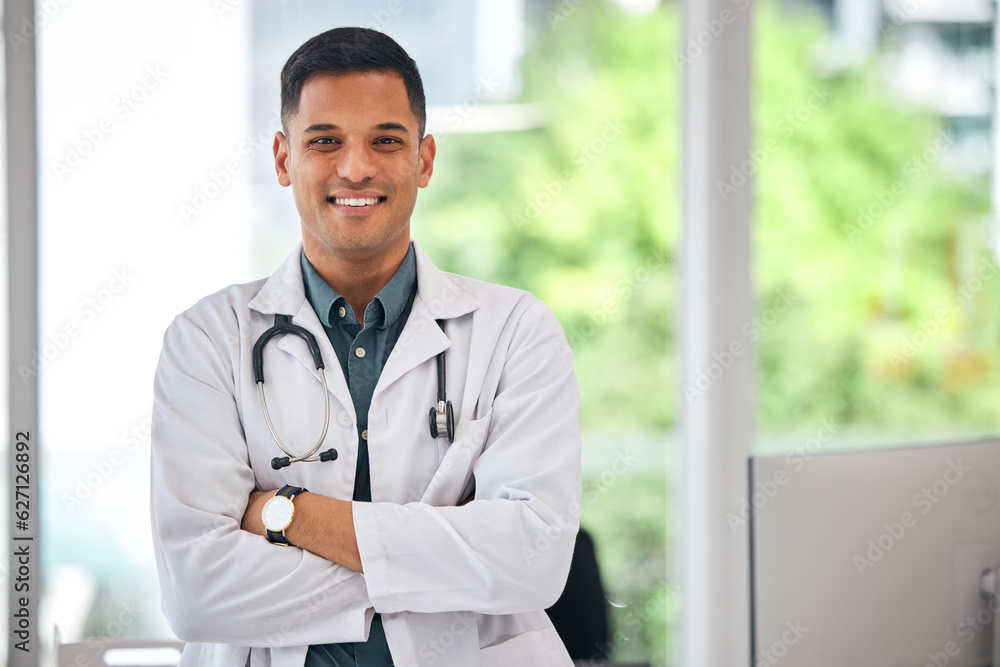 Smile, portrait of man and doctor with arms crossed in hospital or clinic. Face, medical professiona