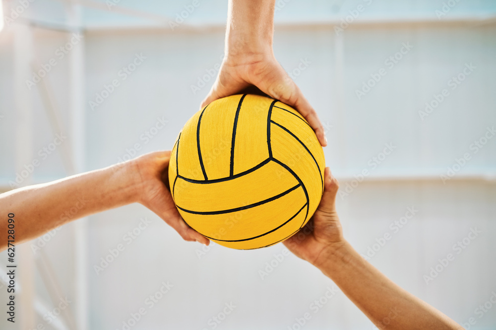 Hands, teamwork and water polo with sports people holding a ball in a gym for fitness or training fr