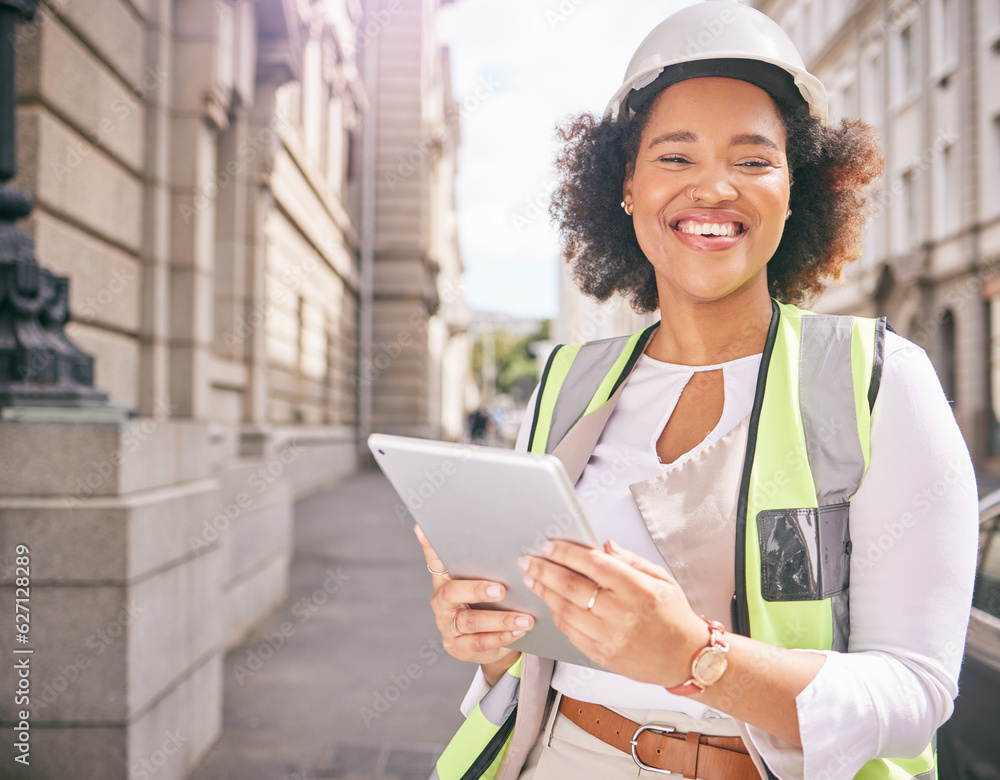 Happy woman, portrait and architect with tablet in city for construction, building or outdoor planni