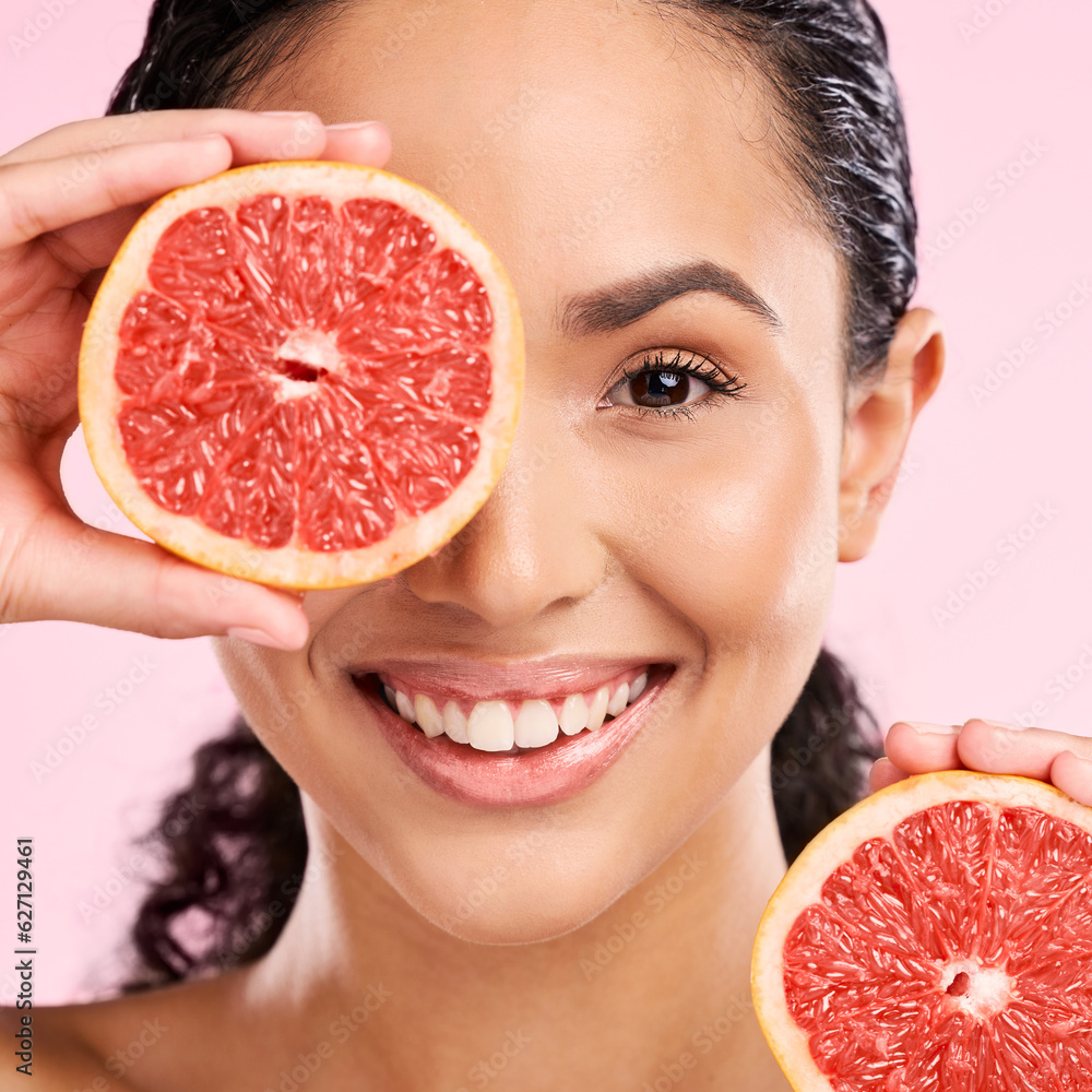 Grapefruit, beauty and face portrait of a woman with skin care, dermatology and natural glow. A happ