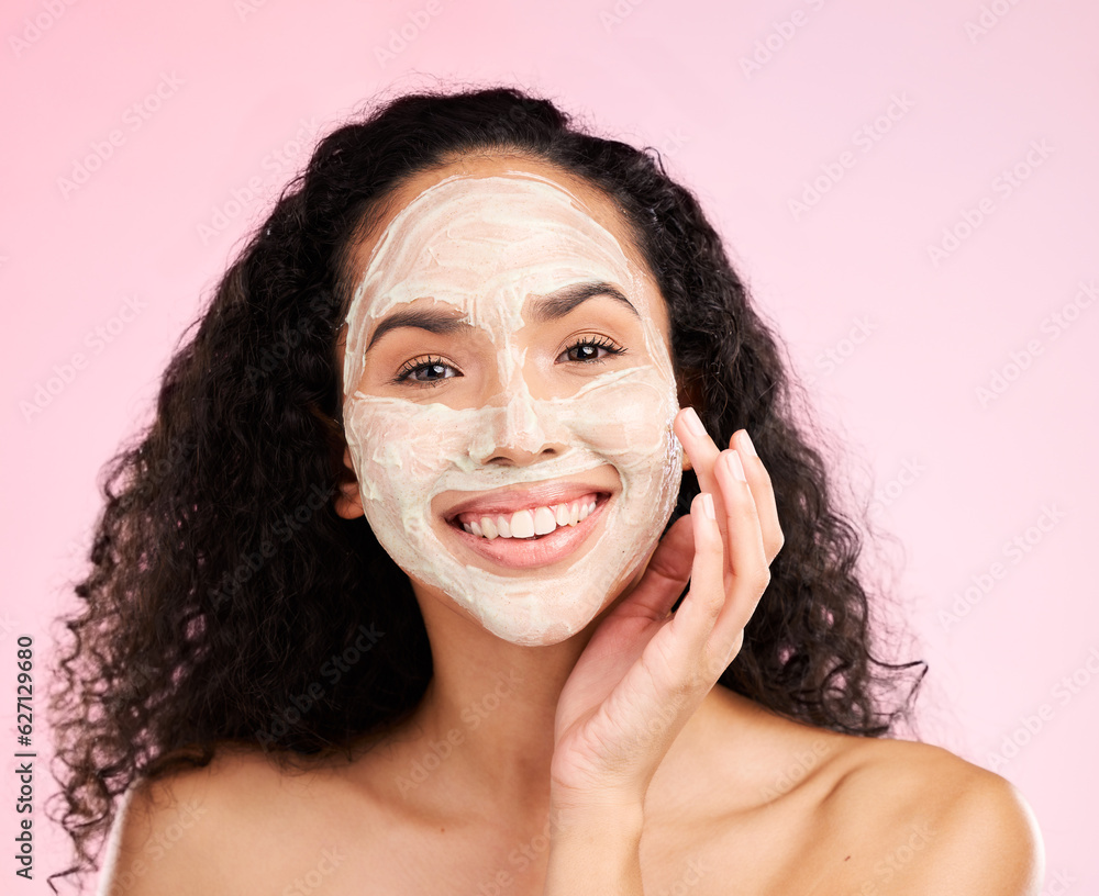 Skincare, facial and portrait of woman with smile in studio for wellness, spa treatment and detox ma