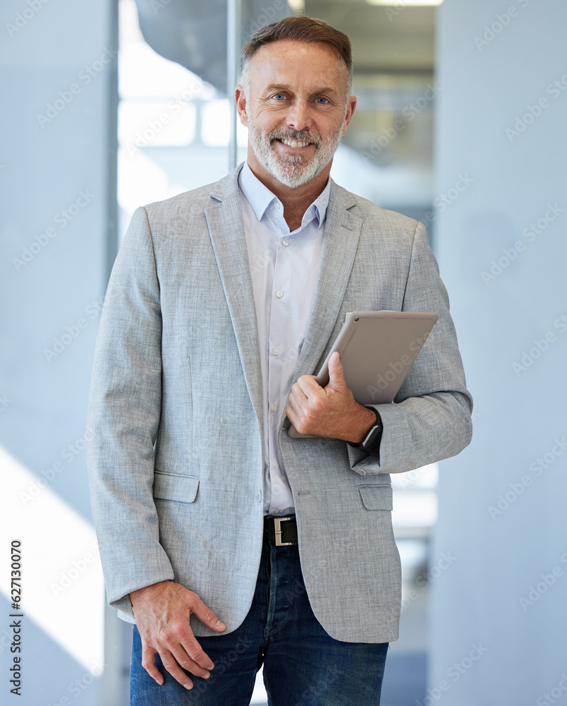 Business man, ceo and portrait with tablet, smile and suit for entrepreneurship, schedule and commun