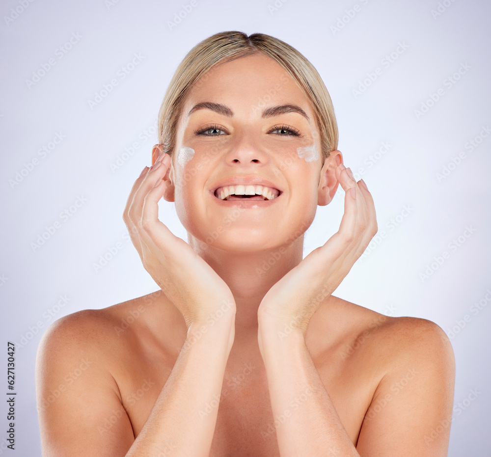 Skincare, portrait and happy woman with cream application for facial hydration, wellness or glowing 