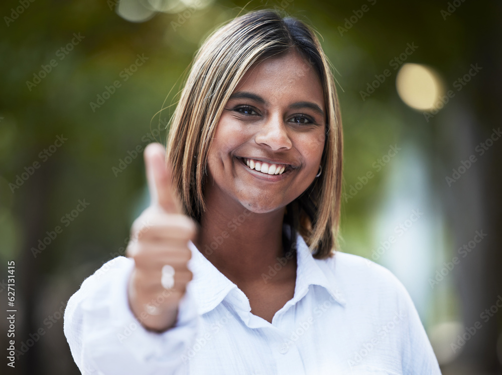 Portrait, smile and thumbs up with a woman in nature, outdoor on a green background for support or m