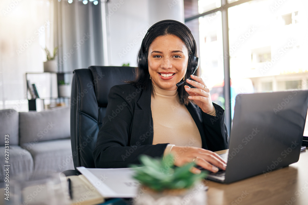 Happy woman, call center and laptop with headphones in remote work for customer service or support a