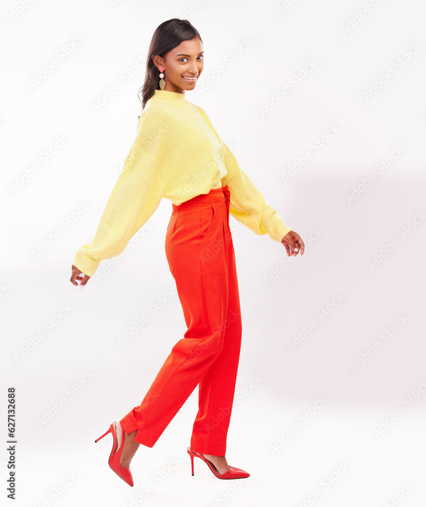 Happy, fashion and Indian woman with pose in studio with confidence, happiness and pride. Profession