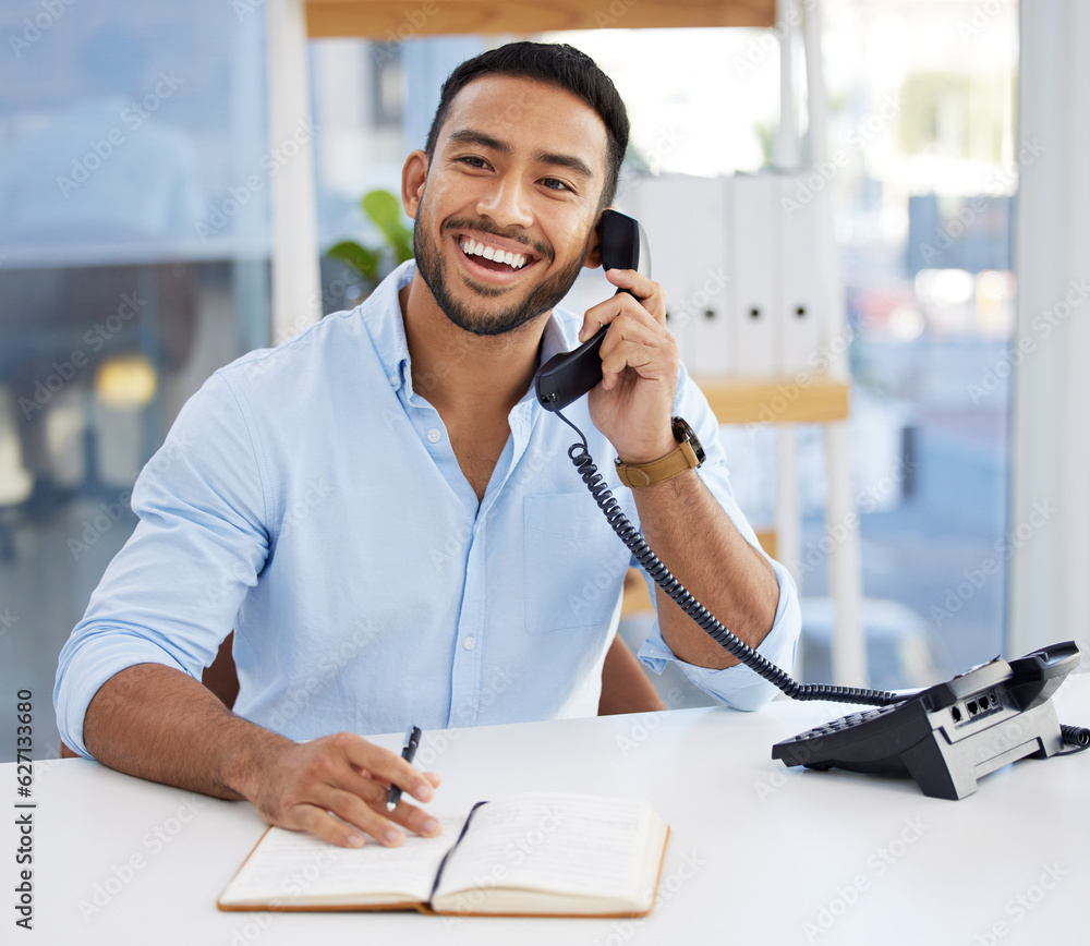 Consultant, businessman writing in a notebook and on a phone at his desk at work. Customer support o