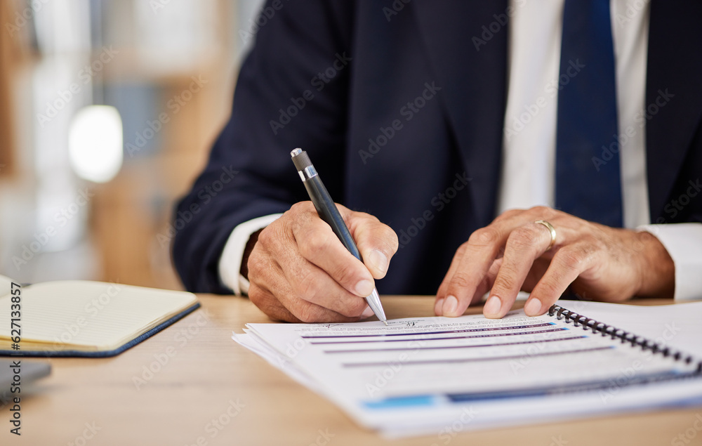 Divorce contract, hand signature and person sign legal paperwork, documents or closeup agreement sta