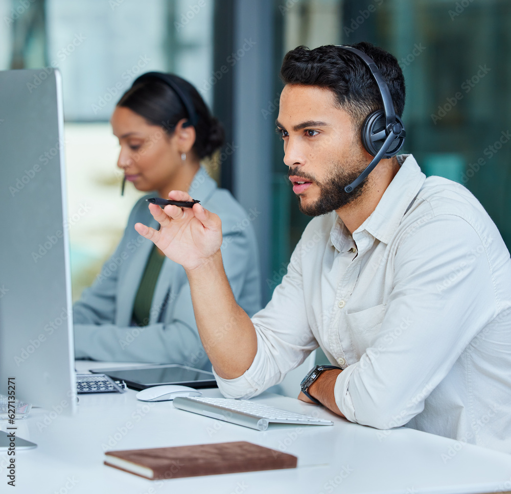 Business man, call center pc and web support communication at a computer in a office. Phone conversa