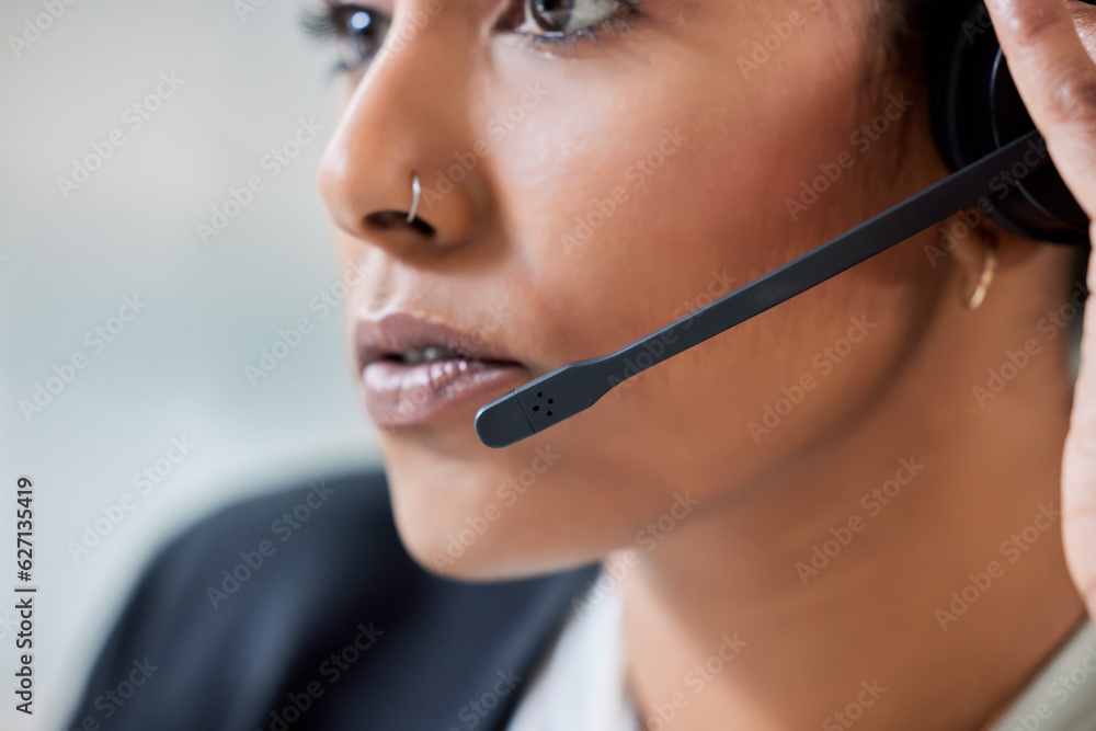 Crm, call center and business woman face with headset and phone consultation. Contact us, telemarket