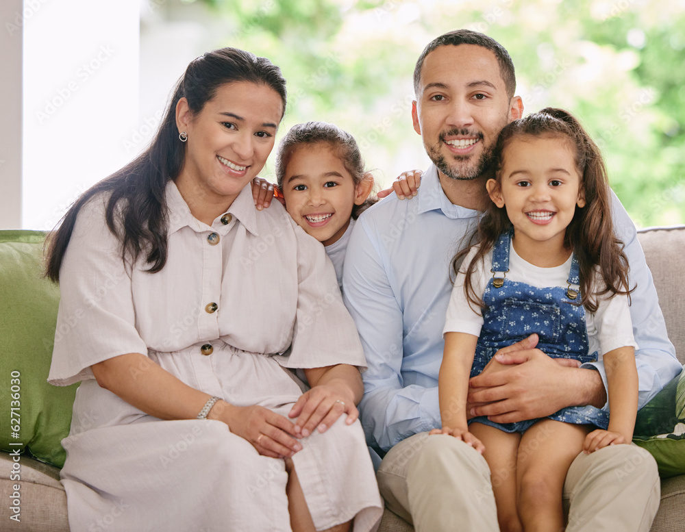 Happy, smile and family portrait on a sofa with love, embrace and bonding in their home together. Fa