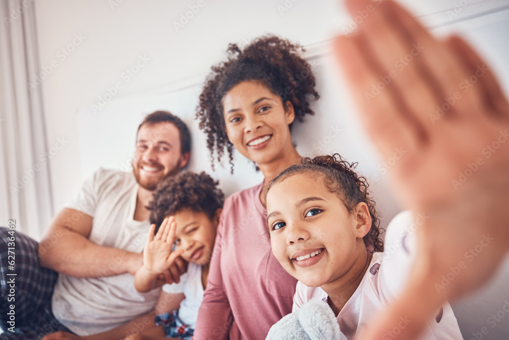 Selfie, smile and a happy family on a bed at home for quality time, bonding and morning. Profile pic