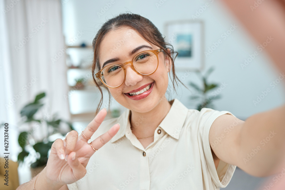 Woman, smile in selfie with peace hand sign, emoji and social media influencer with post or live str