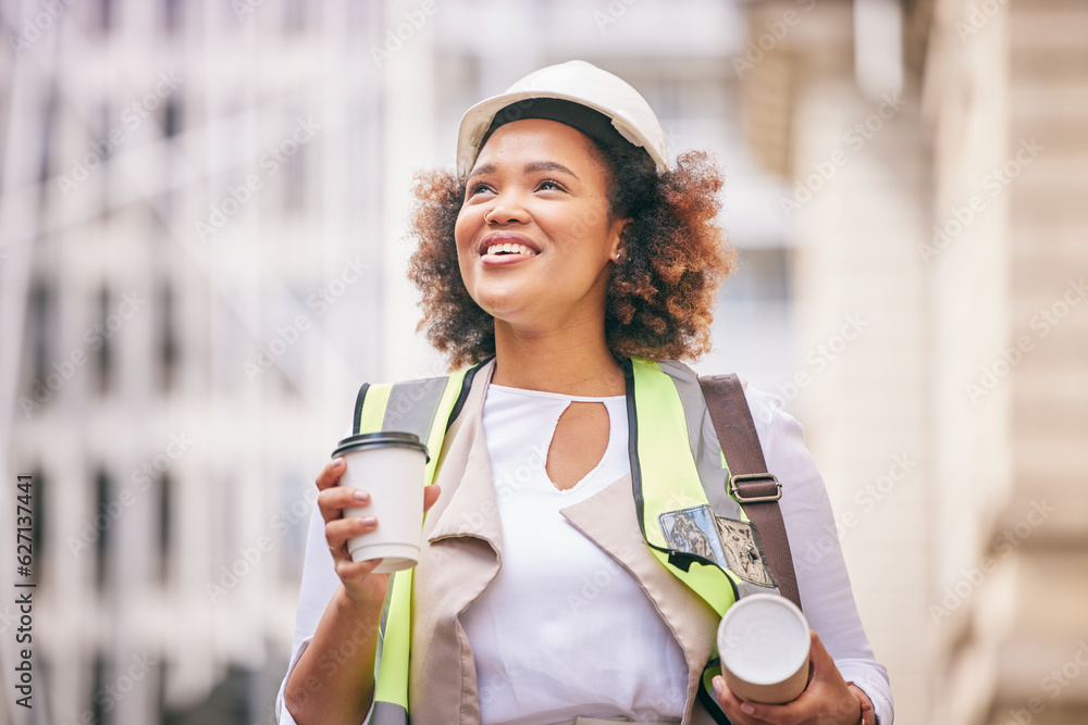 Construction, woman and city for inspection with plan of coffee for design of buildings site. Female