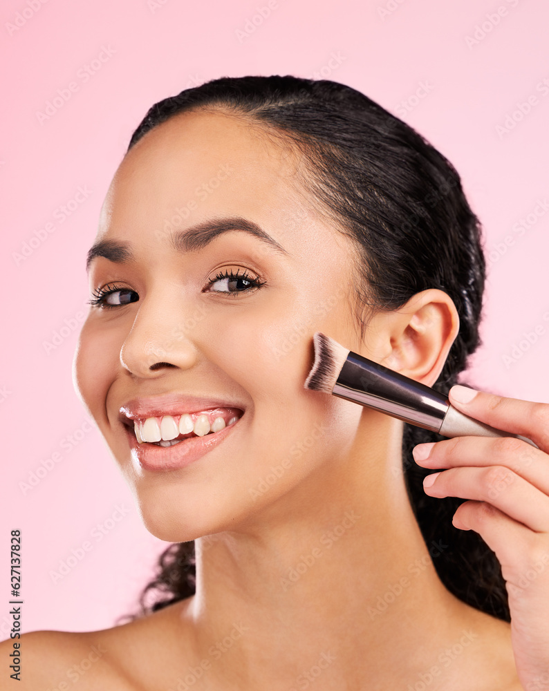 Happy, makeup and brush with portrait of woman in studio for foundation, cosmetics and facial. Skinc