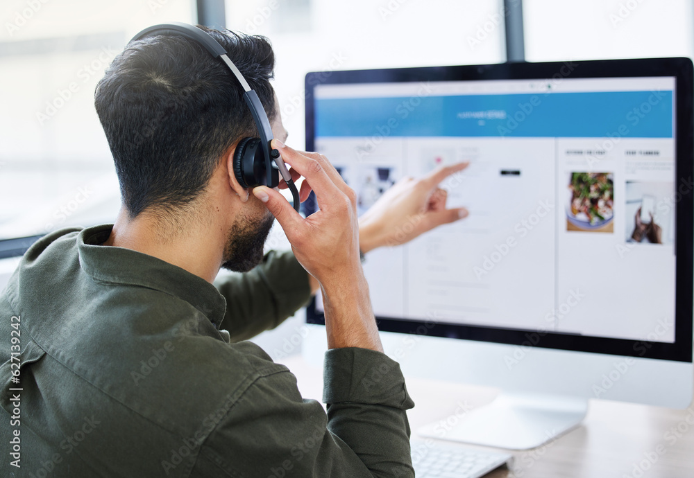 Call center, Customer support and man telemarketing consultant working on a computer screen for advi