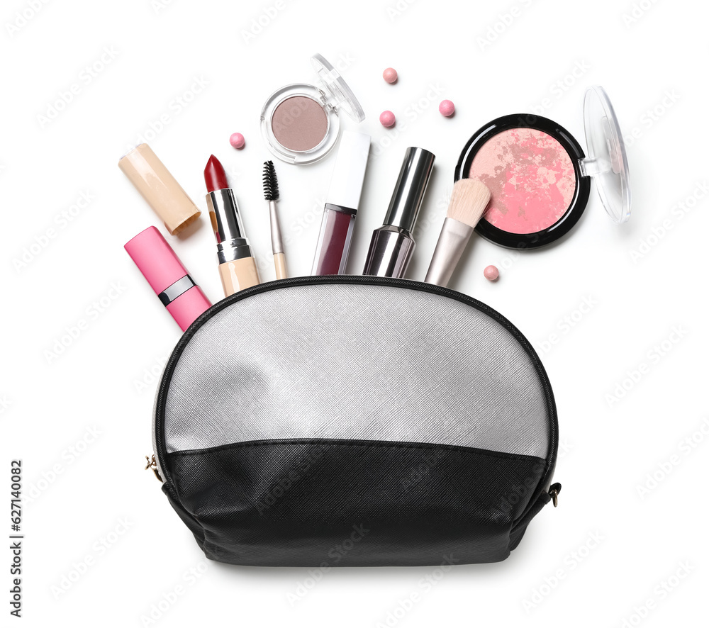 Stylish bag with different cosmetic products isolated on white background