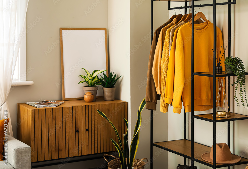 Shelving unit with clothes and houseplants in interior of living room