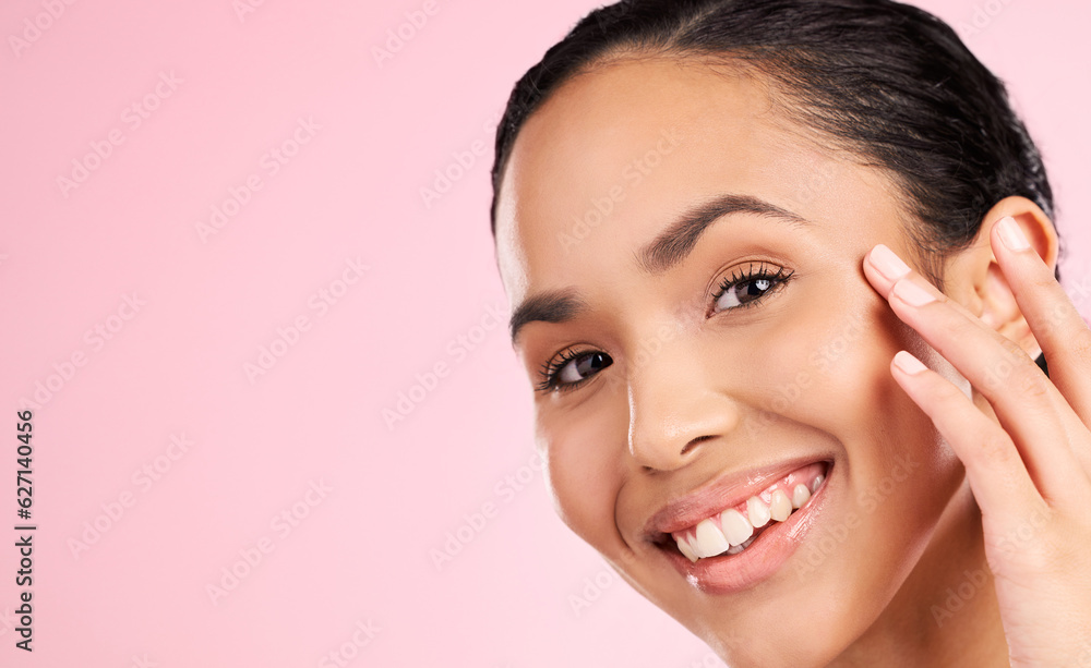 Skincare mockup, beauty and portrait of woman in studio for wellness, facial treatment and cosmetics