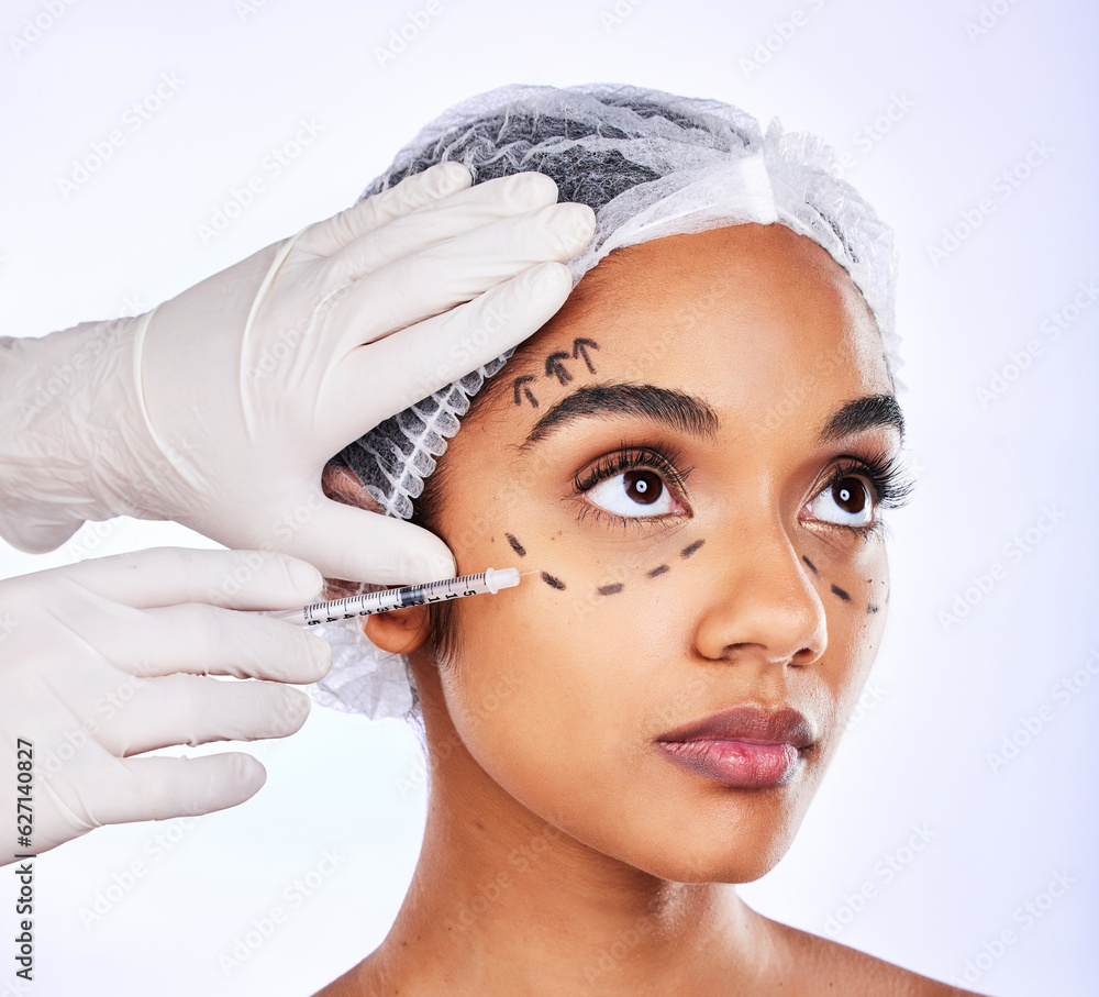 Plastic surgery, spa and injection with face of woman in studio for hyaluronic acid, skincare and co