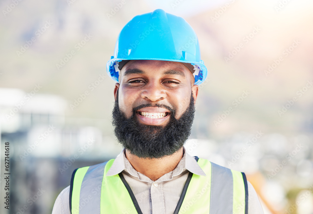 Happy black man, portrait and architect in city for professional construction or career ambition on 