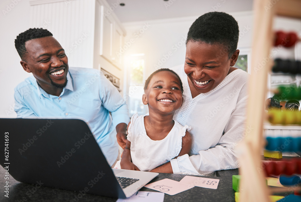 Black family, laptop and elearning, education and happy, parents help child with kindergarten school