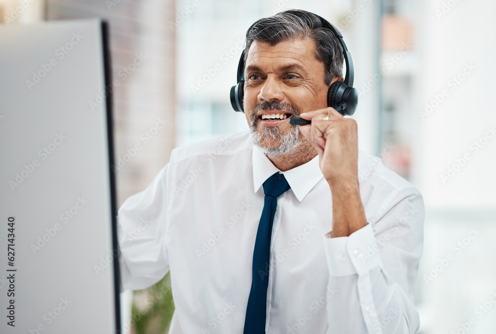 Computer, call center and mature man listening for business, customer service and support. Smile, te