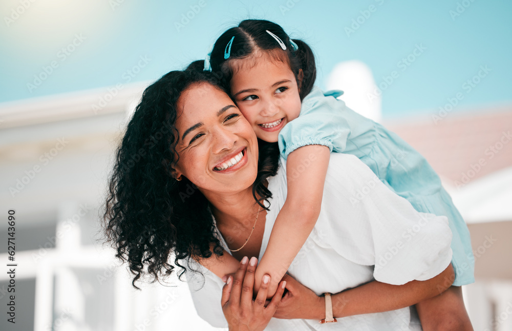 Happy, airplane and mom with her kid in the garden outdoor their family home for adventure. Playful,