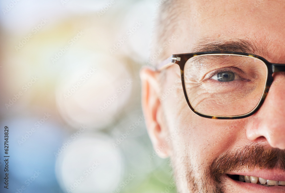 Half face, portrait and man with glasses for vision, eye care or optical wellness with mockup space.