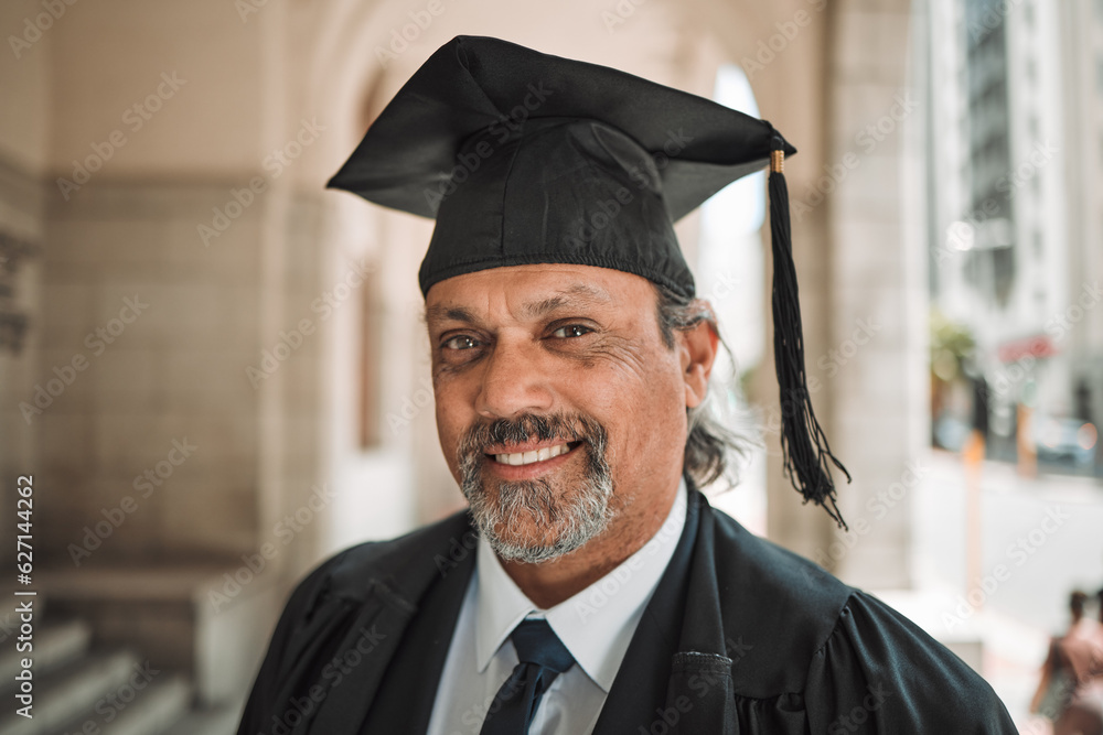 Senior lawyer, graduation and portrait of man in street, city or outdoor with smile. Elderly attorne