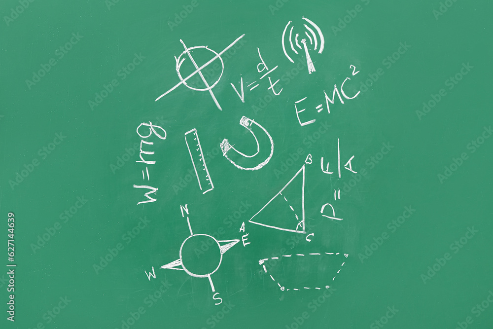 Drawn physical formulas on green chalkboard