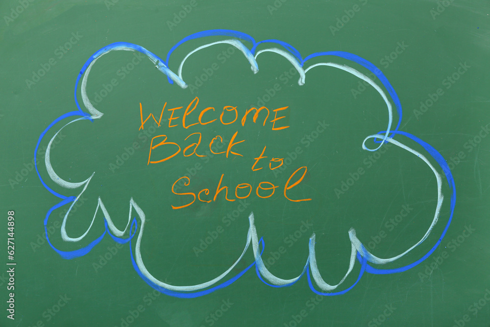 Text WELCOME BACK TO SCHOOL and drawings on green chalkboard