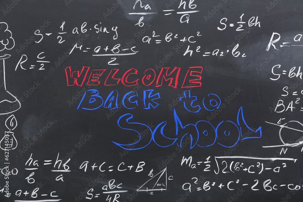 Frame made of different formulas with text WELCOME BACK TO SCHOOL on black chalkboard