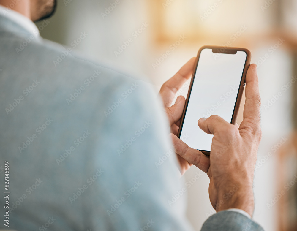 Closeup, mockup and man with a smartphone, business and typing with email, contact and social media.