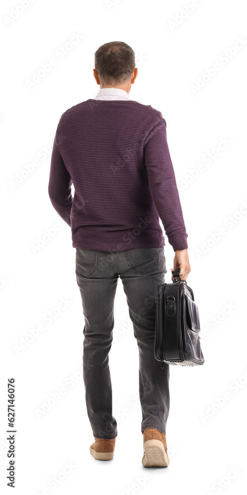 Mature businessman with briefcase walking away on white background, back view