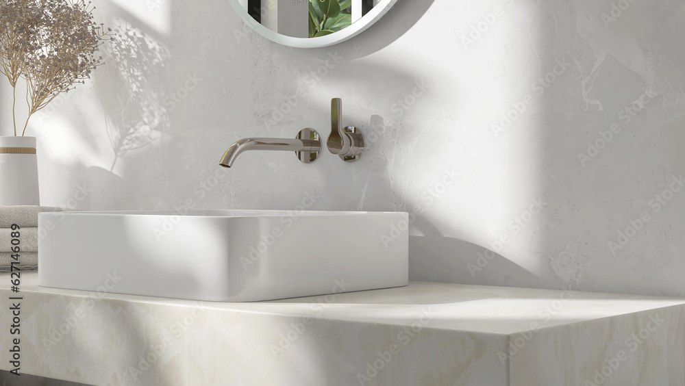 Cream marble vanity counter top, white modern rectangle ceramic washbasin, chrome faucet, flower vas