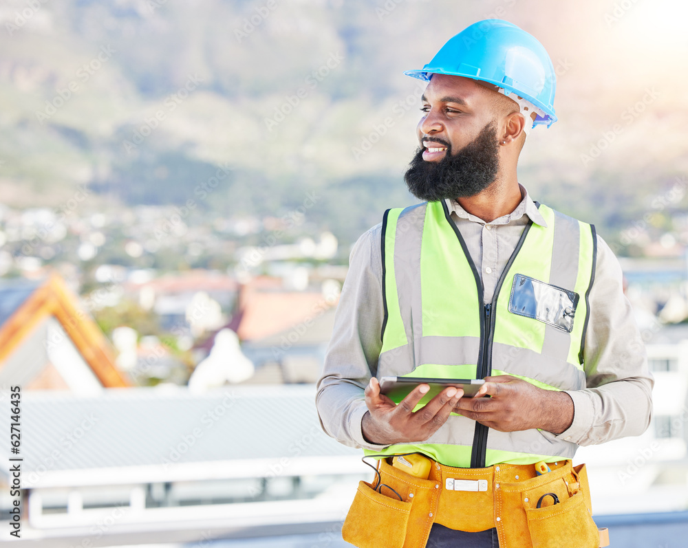 Happy black man, architect and thinking with tablet in city for construction, vision or rooftop inst