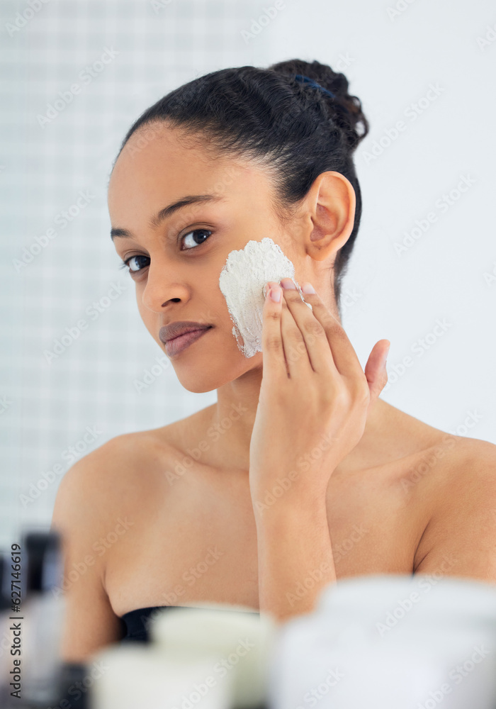 Skincare, mirror and woman with mask in bathroom for face cosmetics, self care and morning routine. 