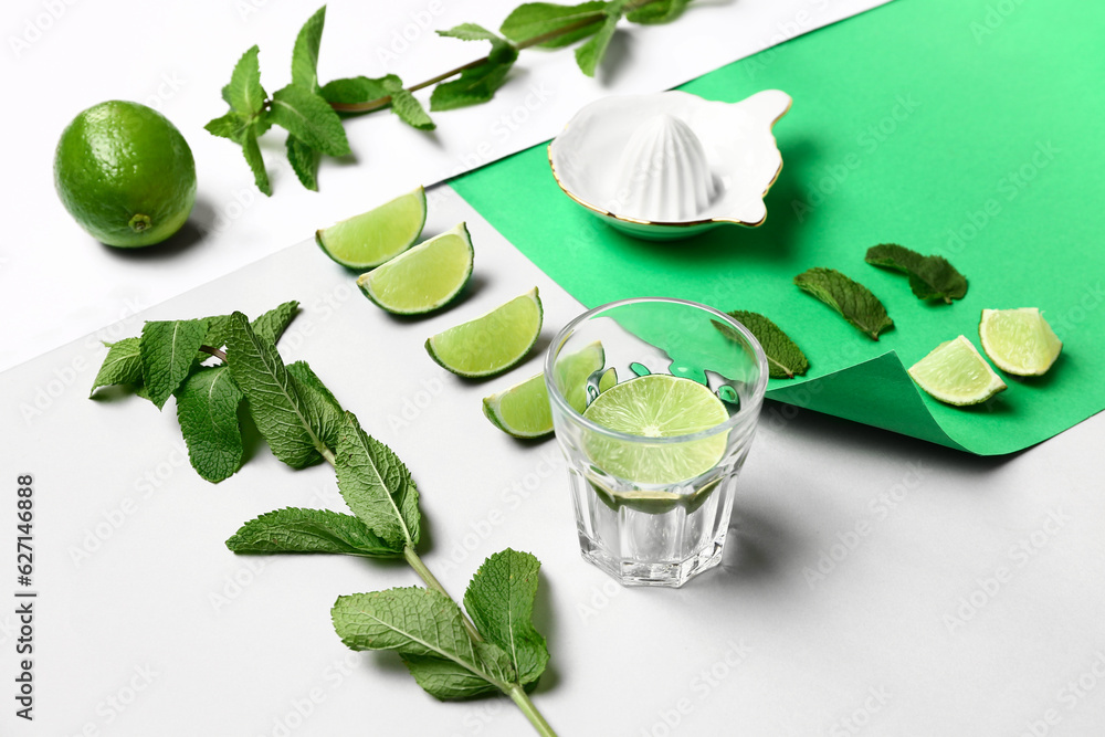 Composition with fresh mint, lime and juicer on light background