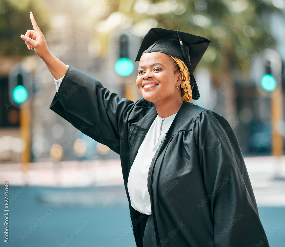 City travel, student and black woman stop, point or hail taxi, cab or metro bus for transport ride t