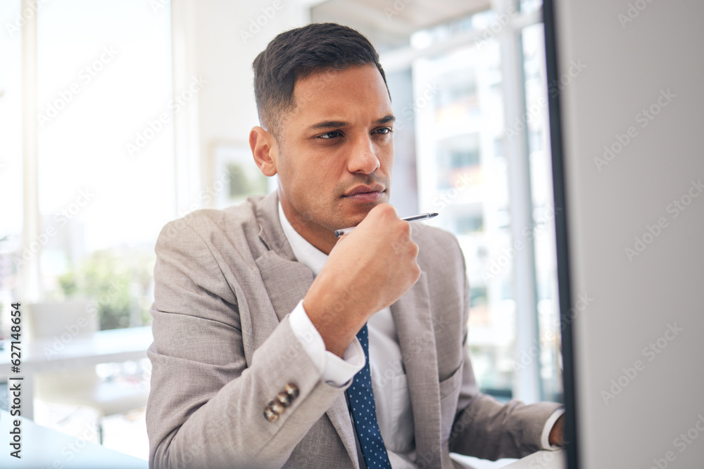 Thinking, business man and planning at computer for research analysis, reading data information and 