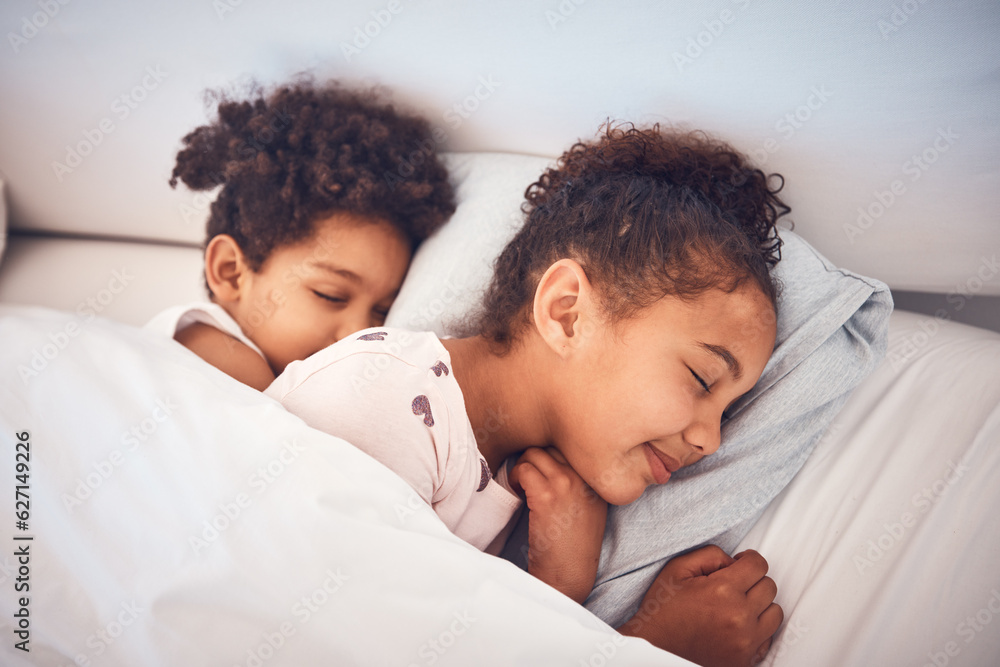 Girl, sleeping and children in bed in home with peace, comfort and rest with sisters, girls or frien