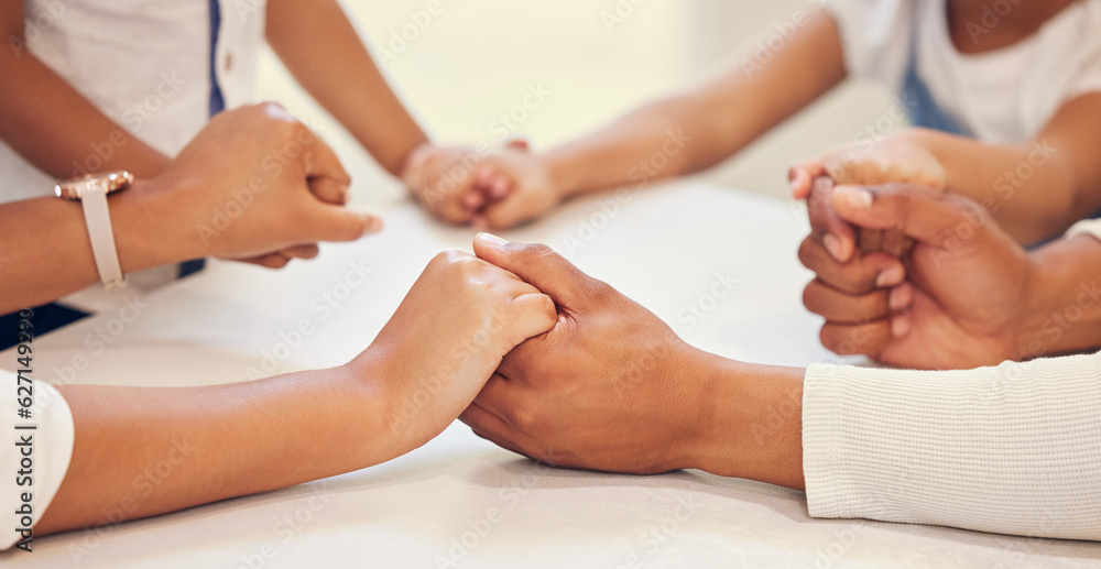 Parents, children and holding hands for praying in a closeup with unity, support and connection at h